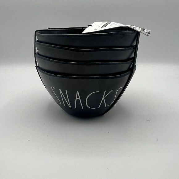 RAE DUNN Set of 4 Melamine SNACKS 6in Snack Bowls Black White Indoor Outdoor NEW - Picture 1 of 7